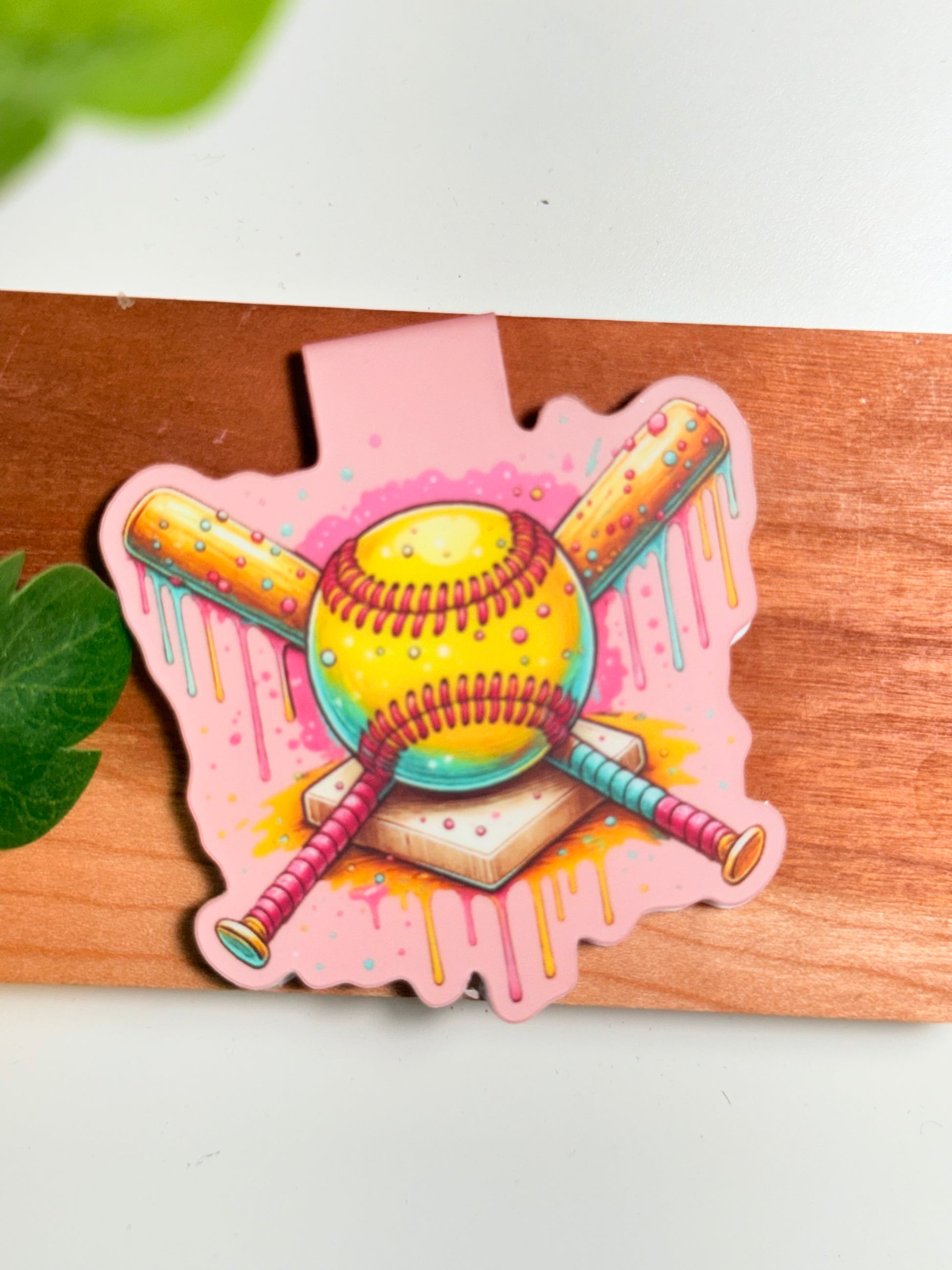 Pink Softball Drip Magnetic Bookmark